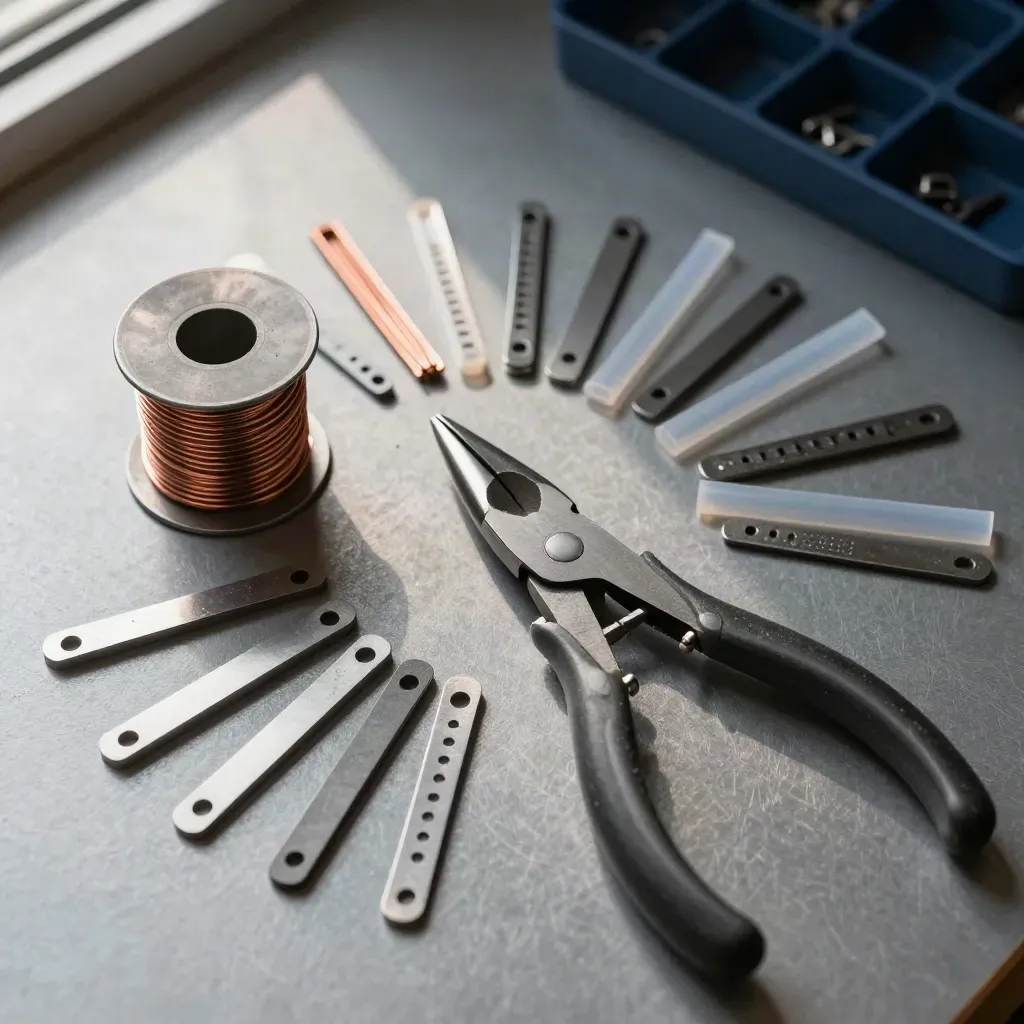 Widok z góry: zestaw makerspace z szpulą cyny, obcinakami, miedzianym drutem i dystansami PCB.