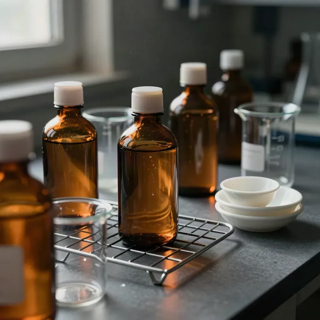 Szkolny zestaw laboratoryjny: bursztynowe butelki, zlewki, suszarka i porcelanowe łódeczki.