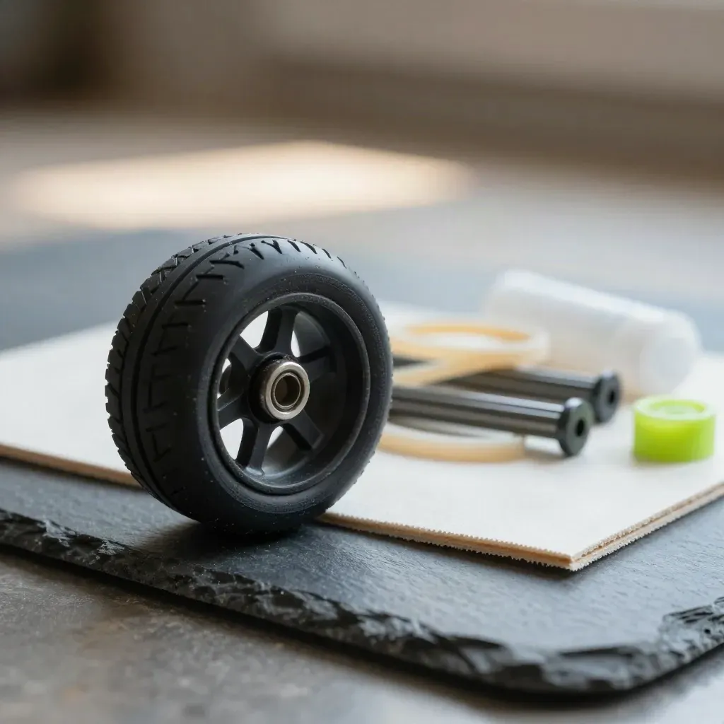 Makro części prototypu uczniowskiego: kółko, osie, piankowe elementy i gumki.